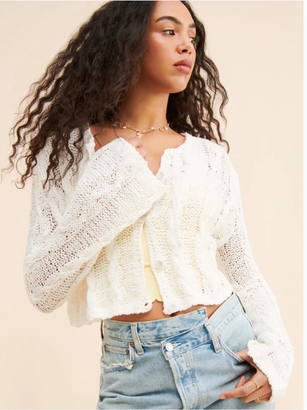 NWOT, Free People Robyn cropped cable knit sweater in white, XS